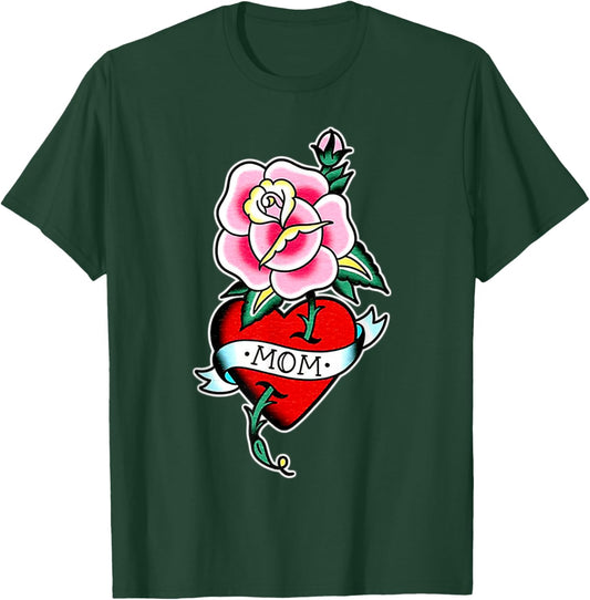 Mom x Rose x Heart Traditional Tattoo Flash T-Shirt - T-Shirt | Forest