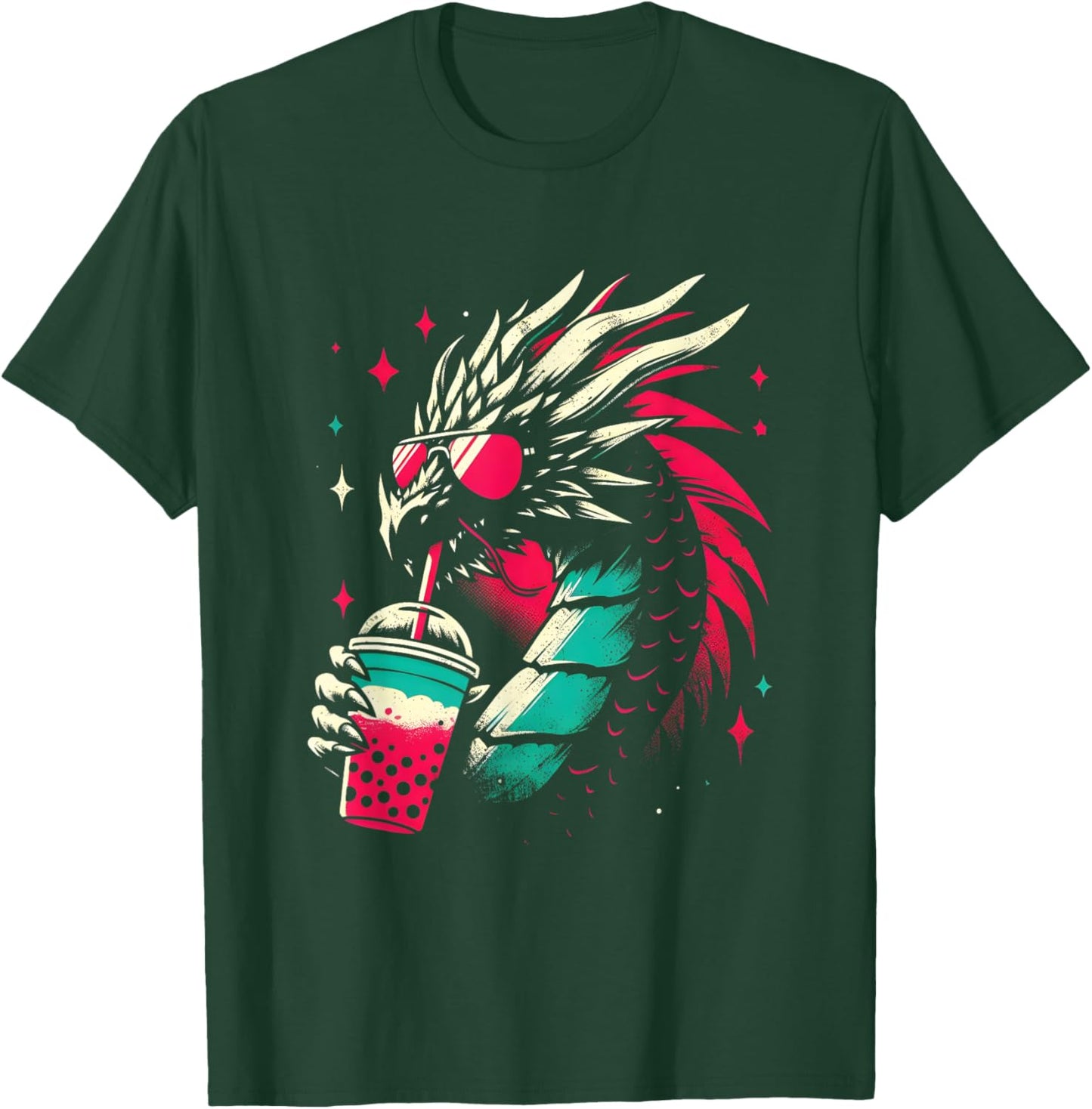Dragon Drinking Boba Tea - Retro Dragon With Bubble Tea T-Shirt - T-Shirt | Forest
