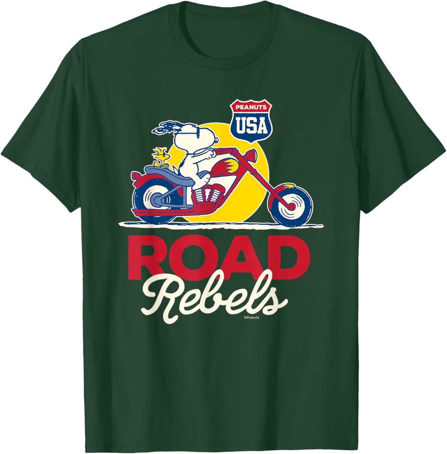 Peanuts - Snoopy Woodstock Motorcycle Road Rebels T-Shirt - T-Shirt | Forest