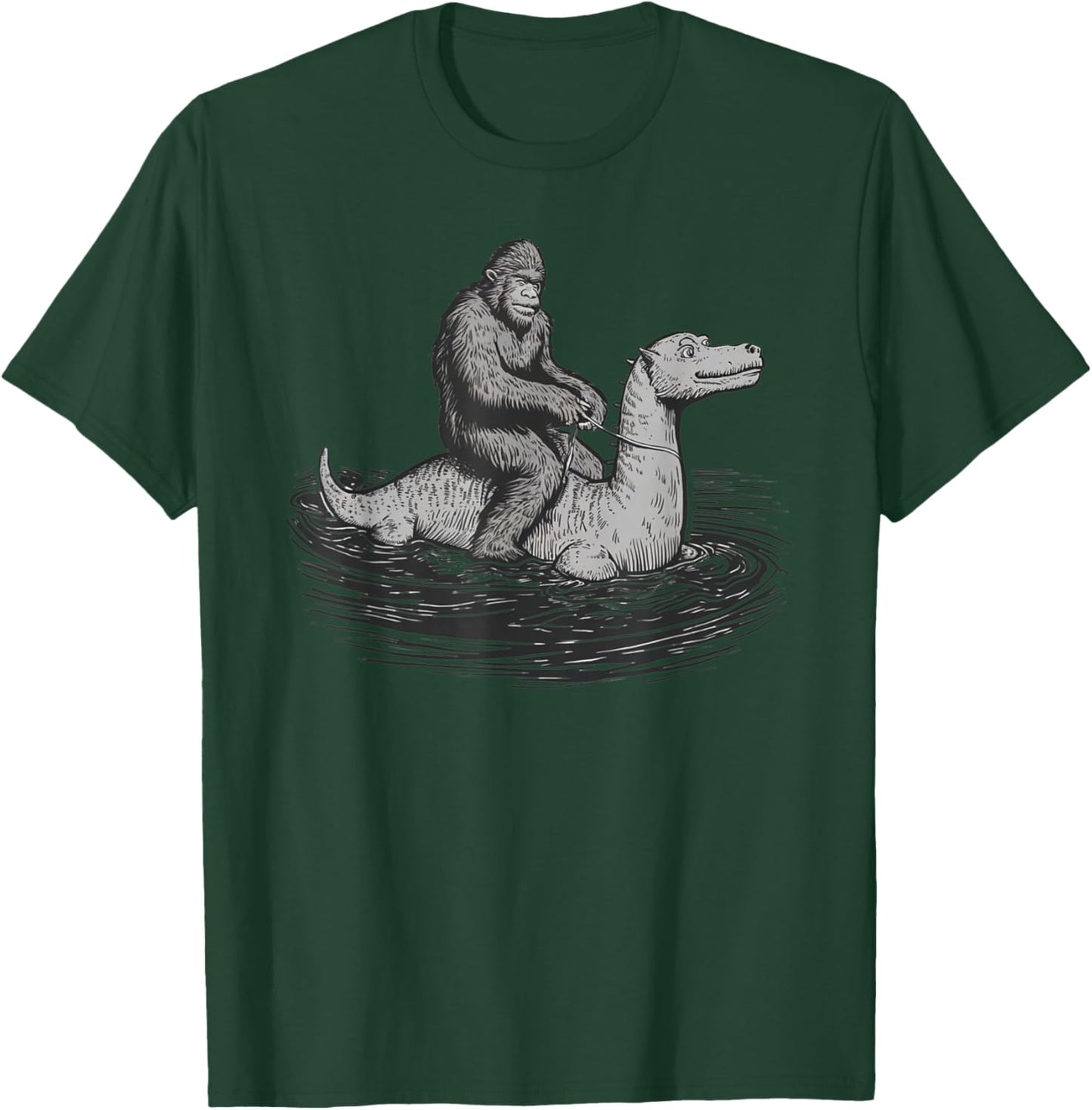 Bigfoot Sasquatch Riding The Loch Ness Monster Funny BigFoot T-Shirt - T-Shirt | Forest