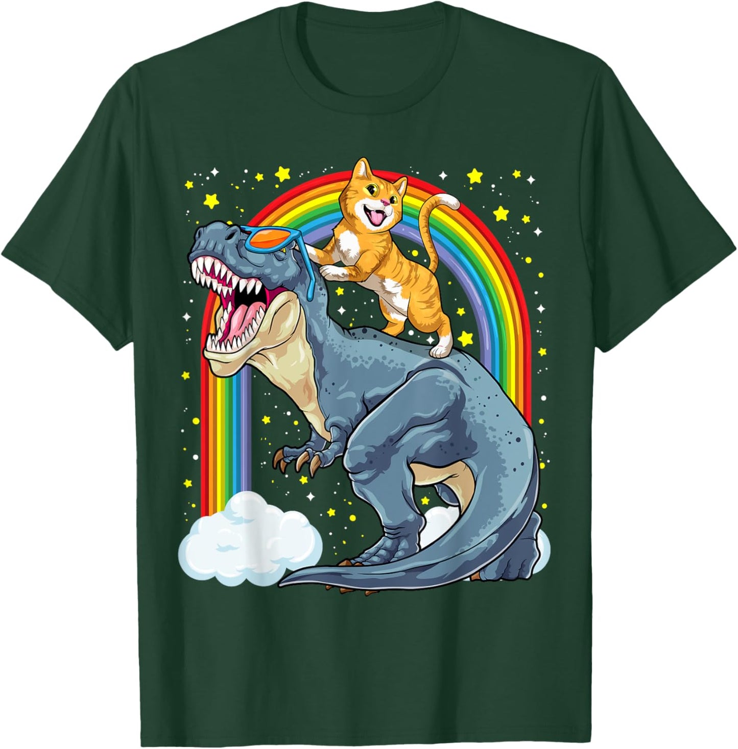 Cat Riding Dinosaur T-Rex Kitten Rainbow Dino Funny T-Shirt - T-Shirt | Forest