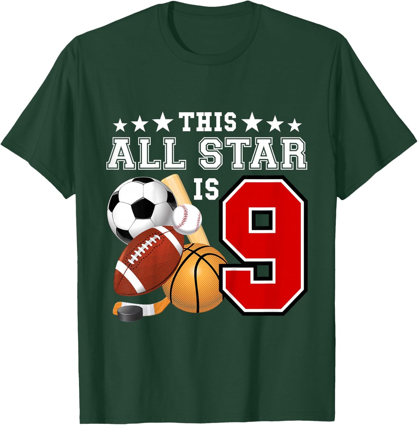 Kids 9 Year Old Sports Star Birthday Party All Sport 9th Gift T-Shirt - T-Shirt | Forest