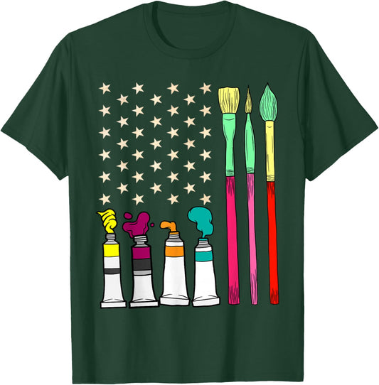 Fun Paint Brush Artist American Flag 4th Of July Painters Women Kids Men T-Shirt - T-Shirt | Forest