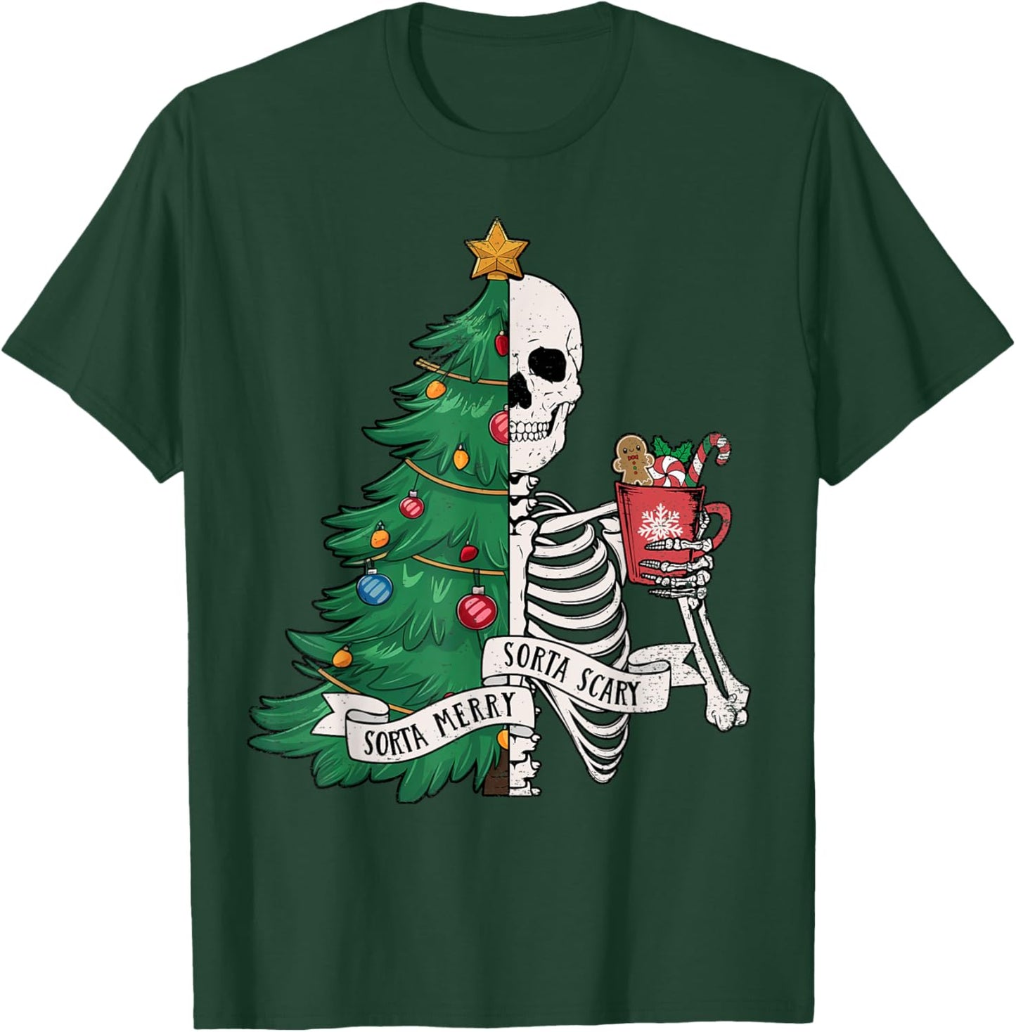 Funny Christmas Sorta Merry Sorta Scary Skeleton Xmas Tree T-Shirt - T-Shirt | Forest