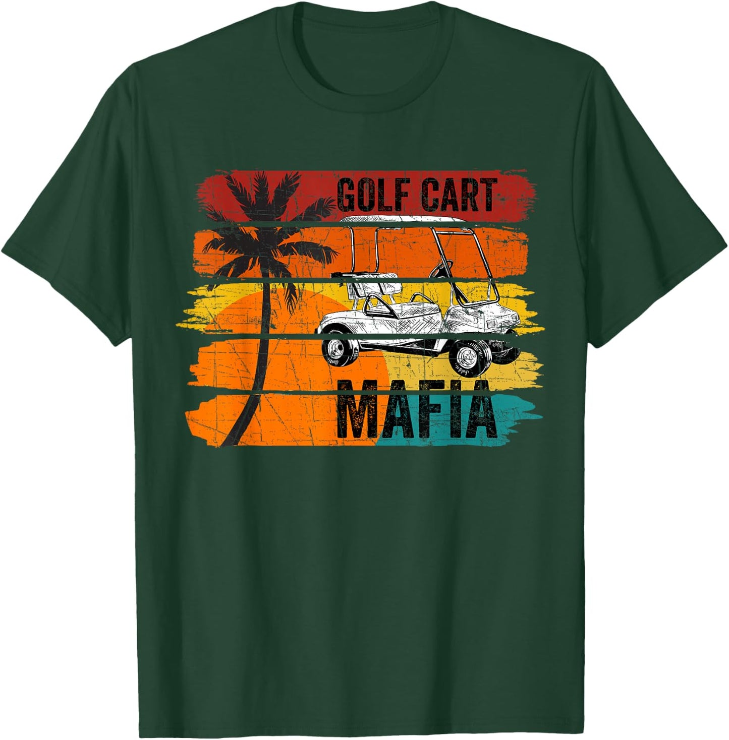Vintage Retro Golf Cart Mafia with Sunset and Palm Tree T-Shirt - T-Shirt | Forest