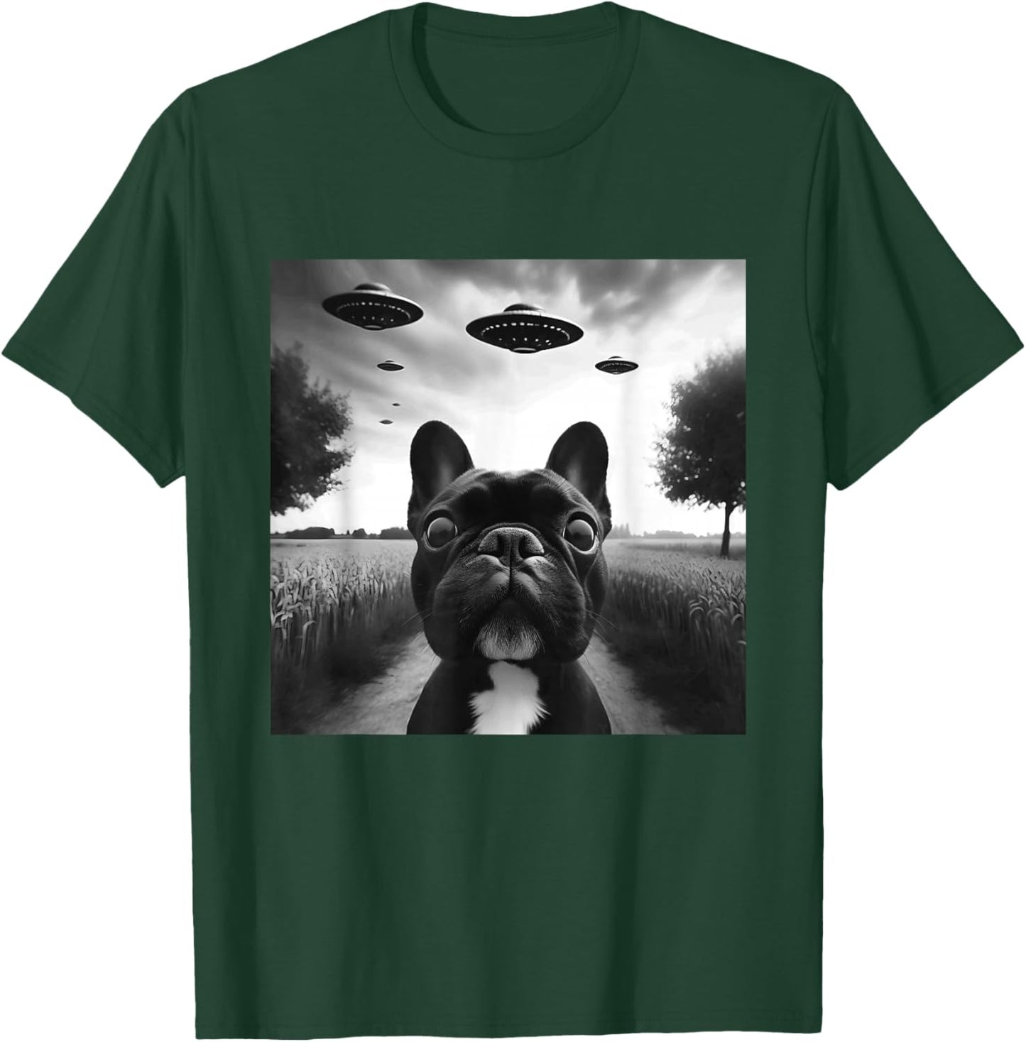 French Bulldog Funny Graphic Selfie with UFOs Weird Aliens T-Shirt - T-Shirt | Forest