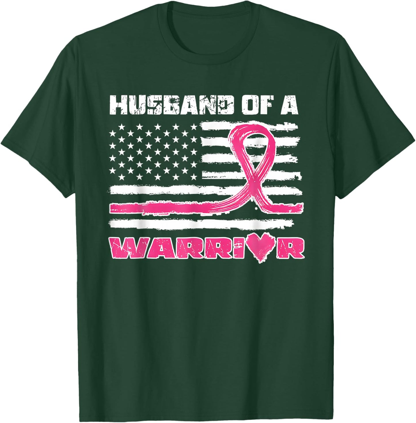 Pink Ribbon American Flag Husband Of A Warrior Breast Cancer T-Shirt - T-Shirt | Forest