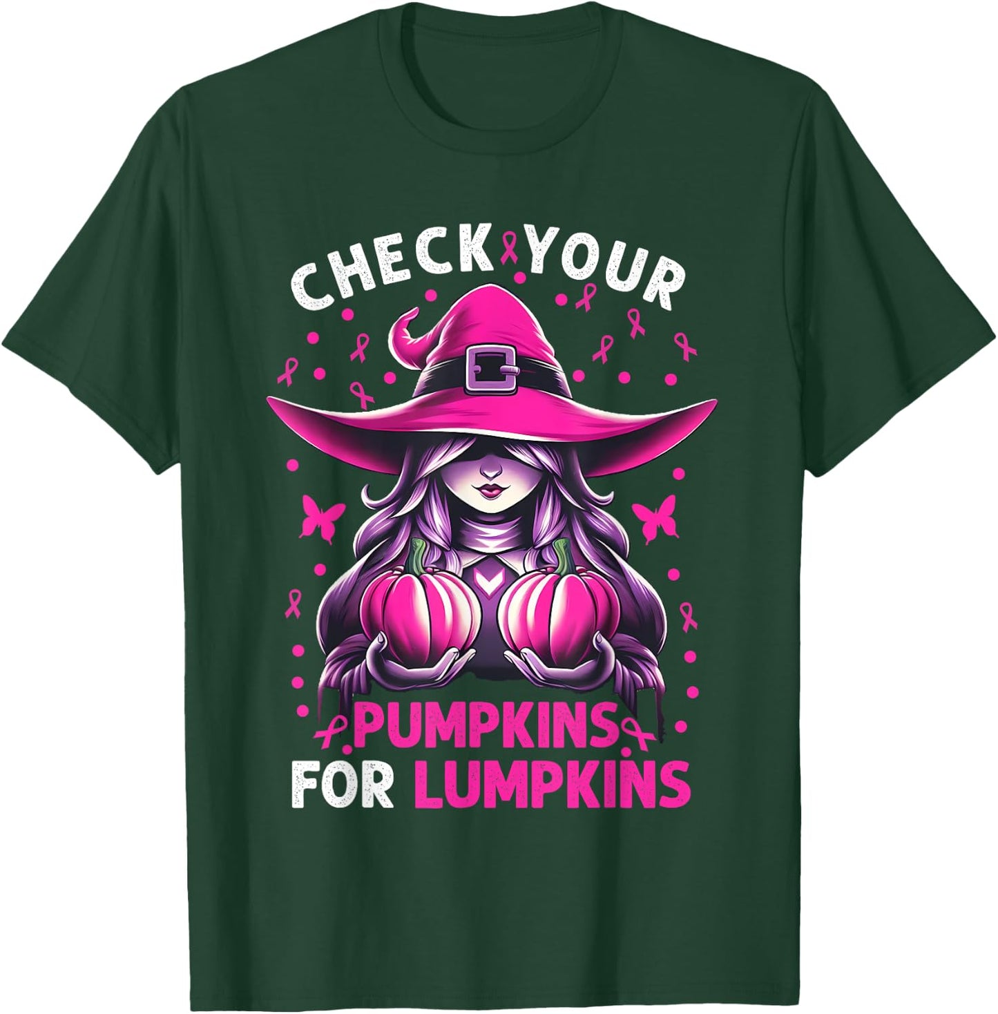Breast Cancer Witch Check Your Pumpkins For Lumpkins T-Shirt - T-Shirt | Forest