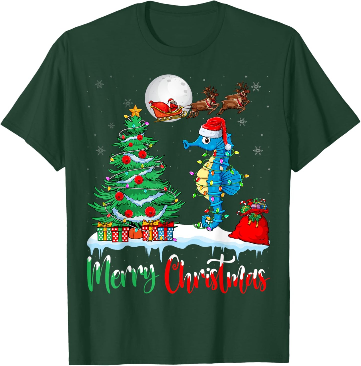 Seahorse Santa Hat Xmas Lights Merry Christmas Seahorse T-Shirt - T-Shirt | Forest