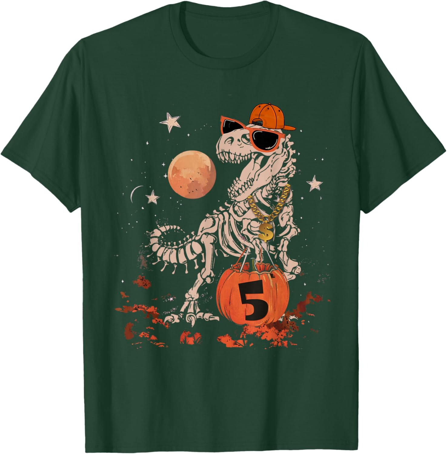 Birthday Halloween 5th Dinosaur Skeleton T-REX Scary Boy Kid T-Shirt - T-Shirt | Forest