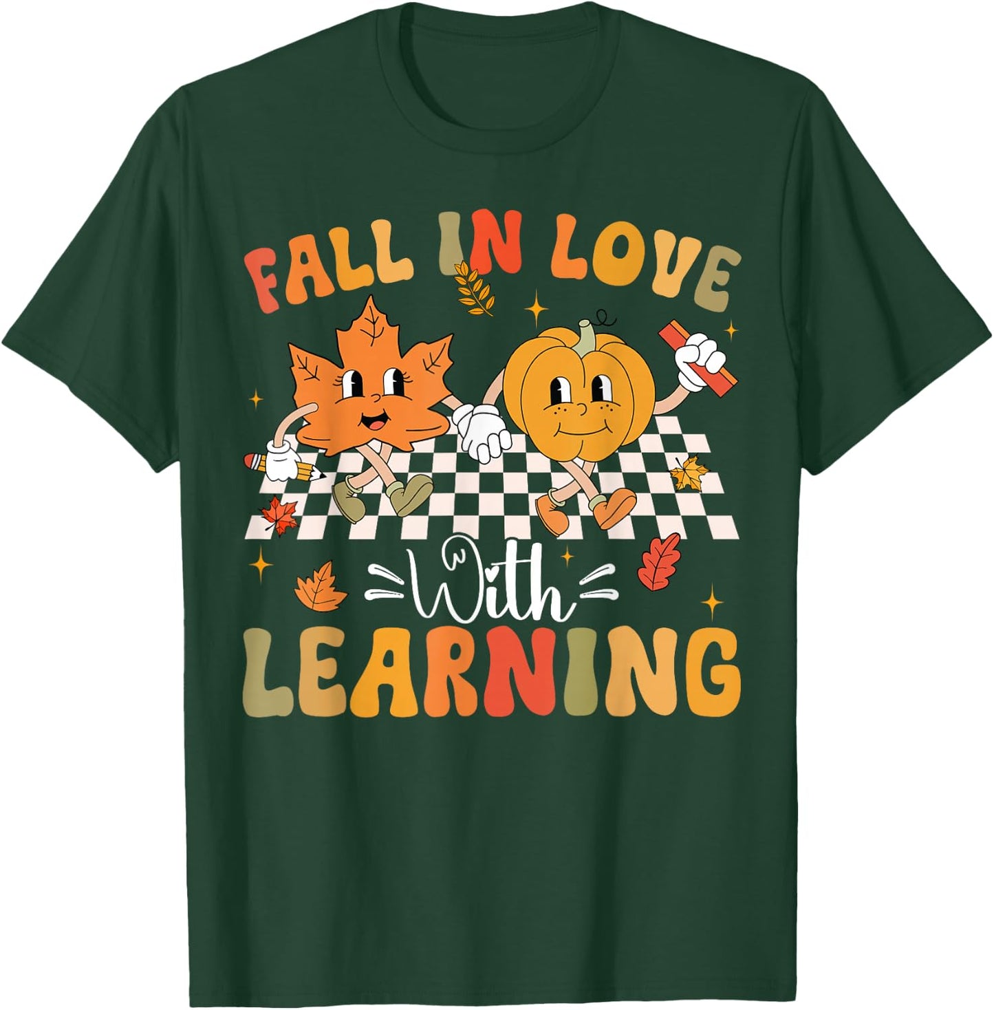 Retro Fall In Love With Learning Autumn Pumpkin Teacher T-Shirt - T-Shirt | Forest