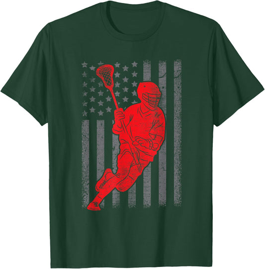 Funny Vintage American Flag Lacrosse USA Sport Gift Men Boys T-Shirt - T-Shirt | Forest