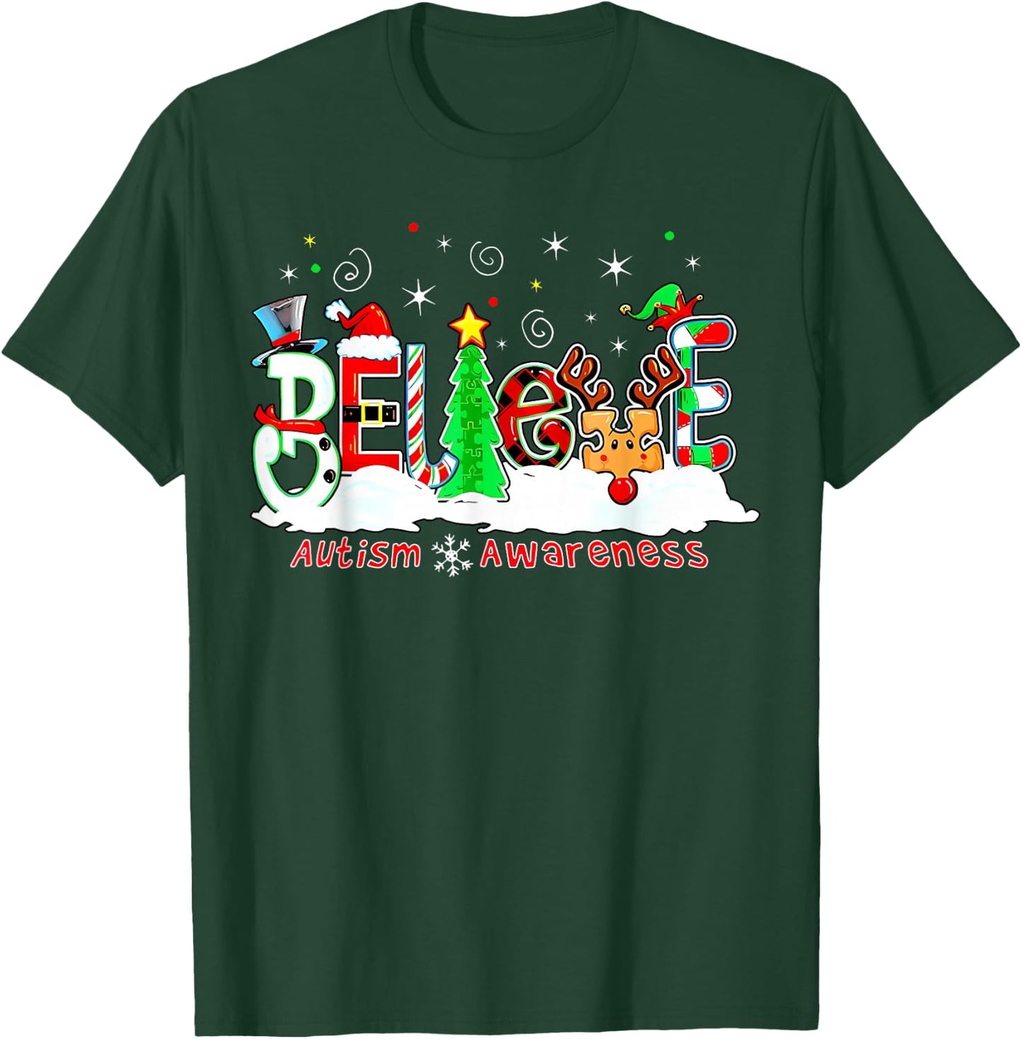 Believe Autism Awareness Christmas Tree Light Santa Reindeer T-Shirt - T-Shirt | Forest