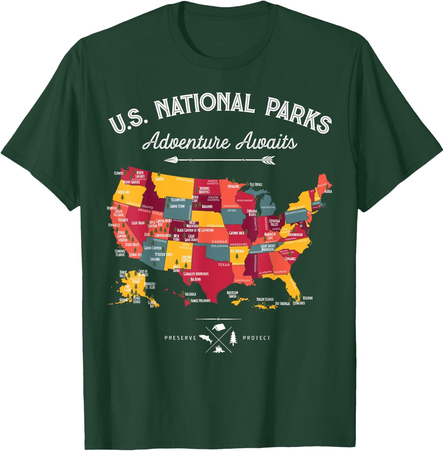 62 National Parks Map Gifts US Park Vintage Camping Hiking T-Shirt - T-Shirt | Forest