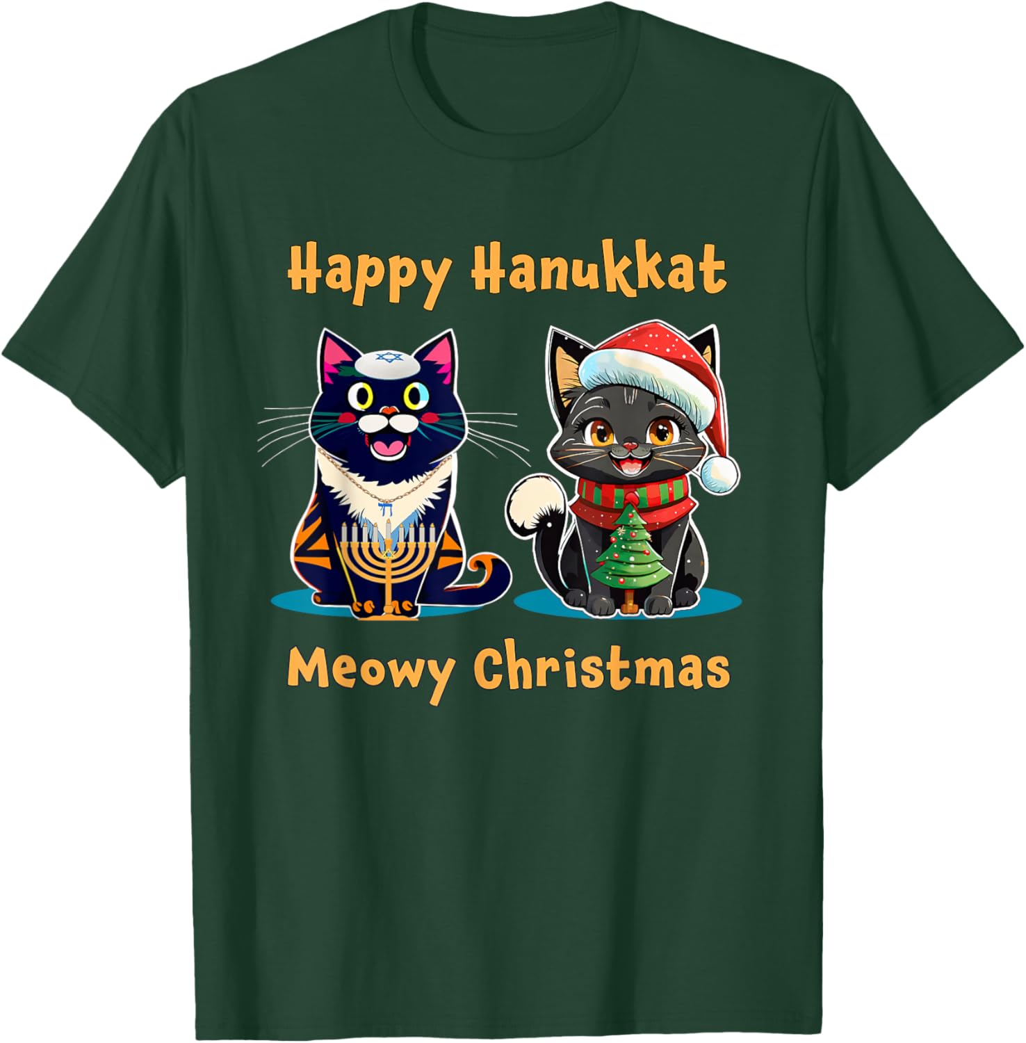 Merry Christmas Happy Hanukkah Jewish Christian Cat Lovers Women Kids T-Shirt - T-Shirt | Forest