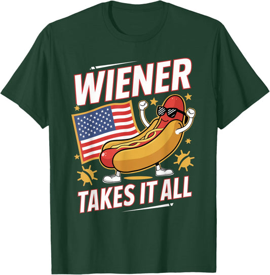 Wiener Takes It All Hot Dog USA Flag Fun T-Shirt - T-Shirt | Forest