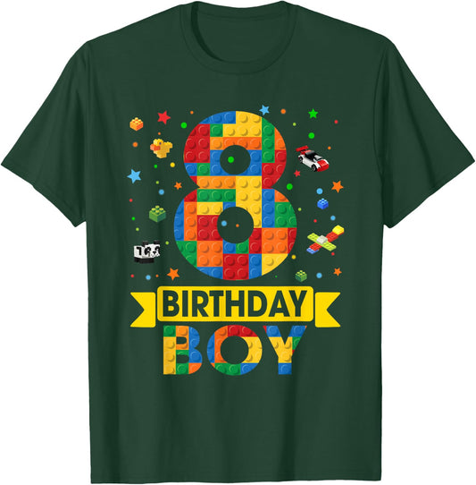 Kids Funny 8 Year Old Building Blocks 8th Birthday Boy T-Shirt - T-Shirt | Forest