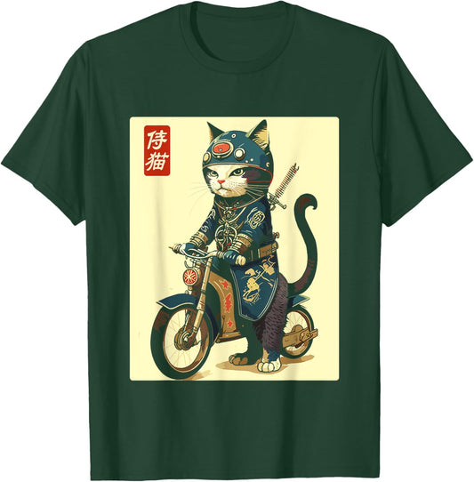 Japanese Samurai Cat on Motorcycle Kawaii Ninja Cat Women Kids T-Shirt - T-Shirt | Forest