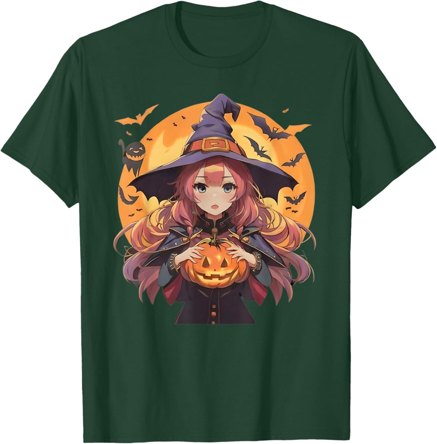 Cute Anime Halloween Girl Witch with Pumpkin and Bats girls T-Shirt - T-Shirt | Forest
