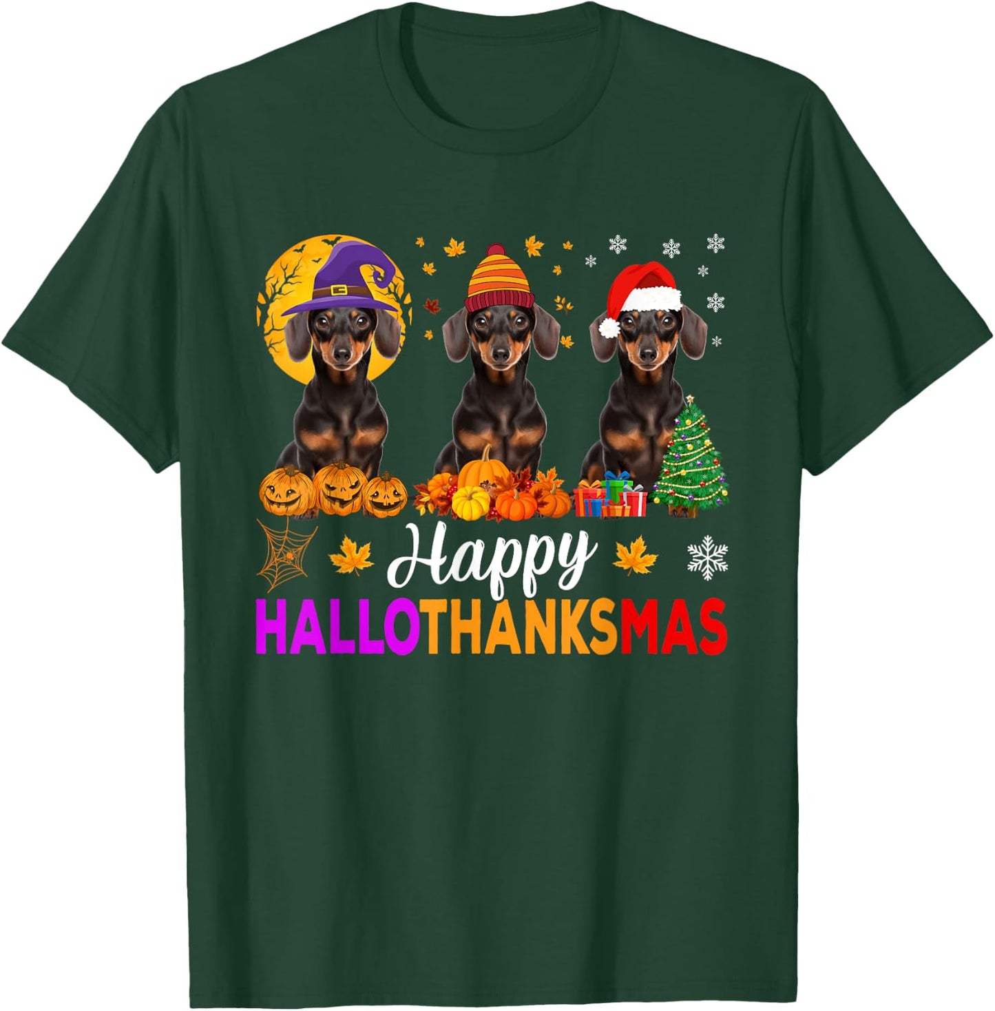 Dachshund Dog Halloween Christmas Hallothanksmas Women Kids T-Shirt - T-Shirt | Forest