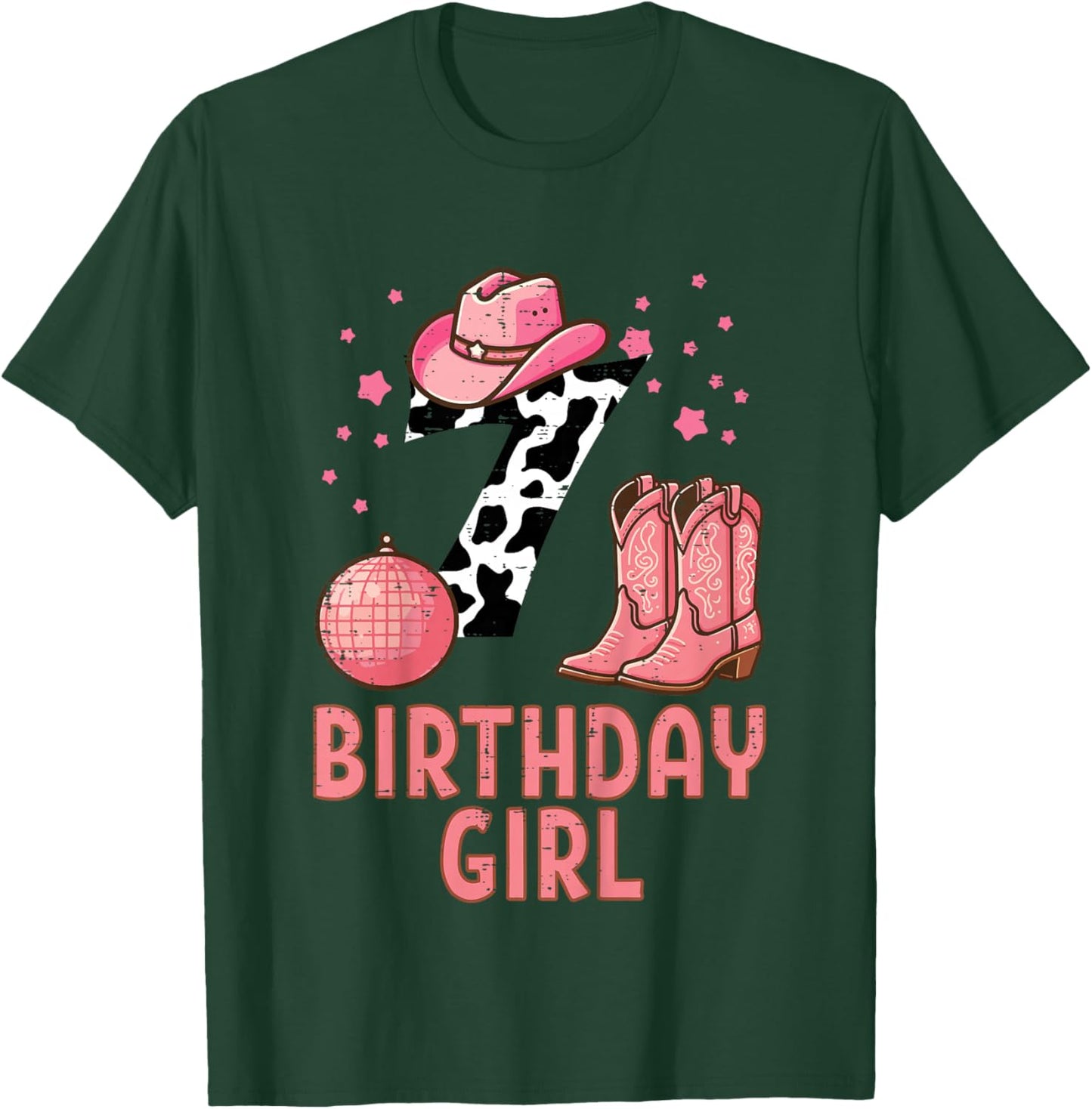 7th Birthday Cow Pattern Cowgirl 7 Year Old Bday Girls Kids T-Shirt - T-Shirt | Forest