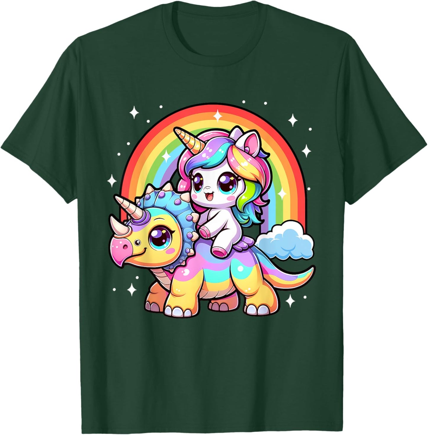 Cute Unicorn Riding Dinosaur Triceratops Girls Kids Rainbow T-Shirt - T-Shirt | Forest
