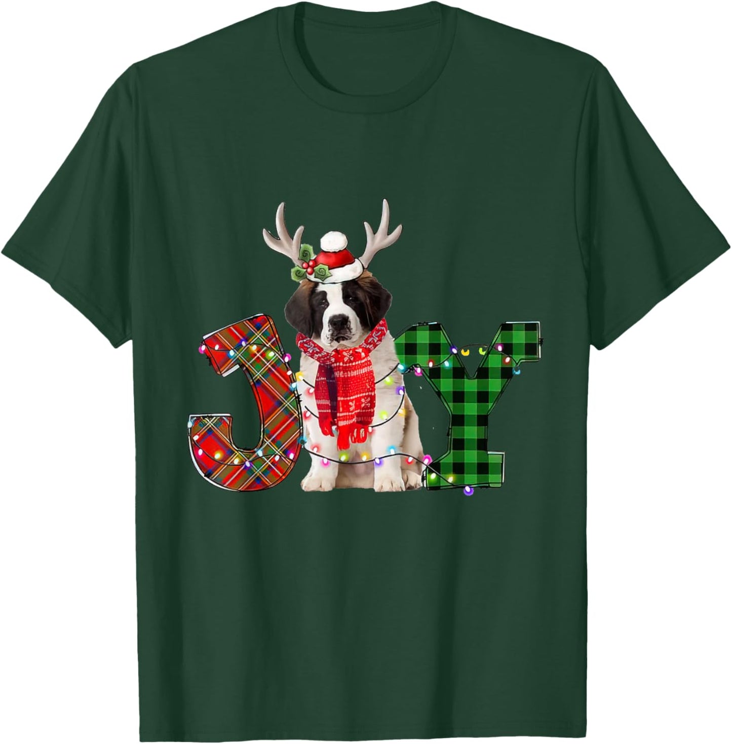 Joy Christmas Lights Saint Bernard Dog Santa Hat Pajama Women Kids T-Shirt - T-Shirt | Forest