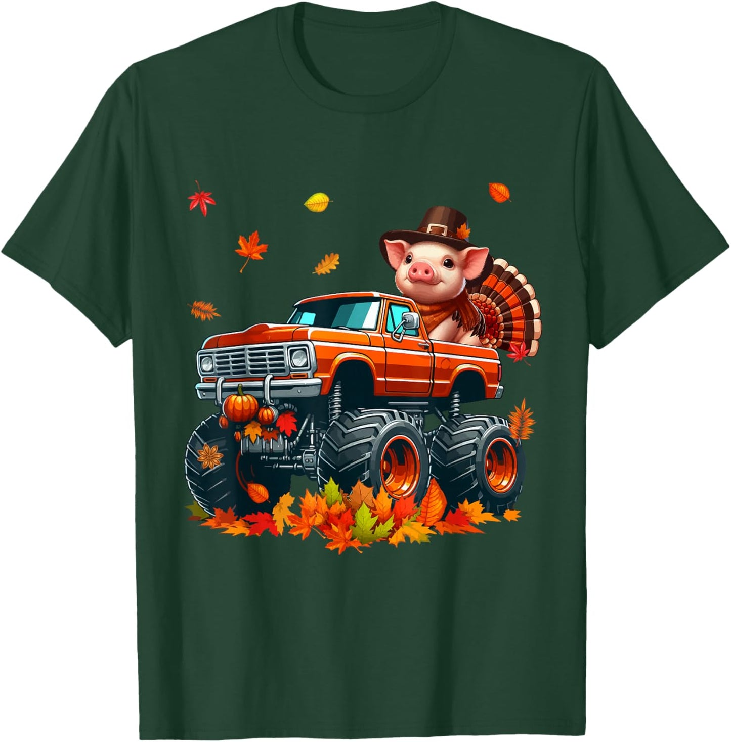 Pig Cosplay Turkey On Monster Truck Thanksgiving Farmer T-Shirt - T-Shirt | Forest