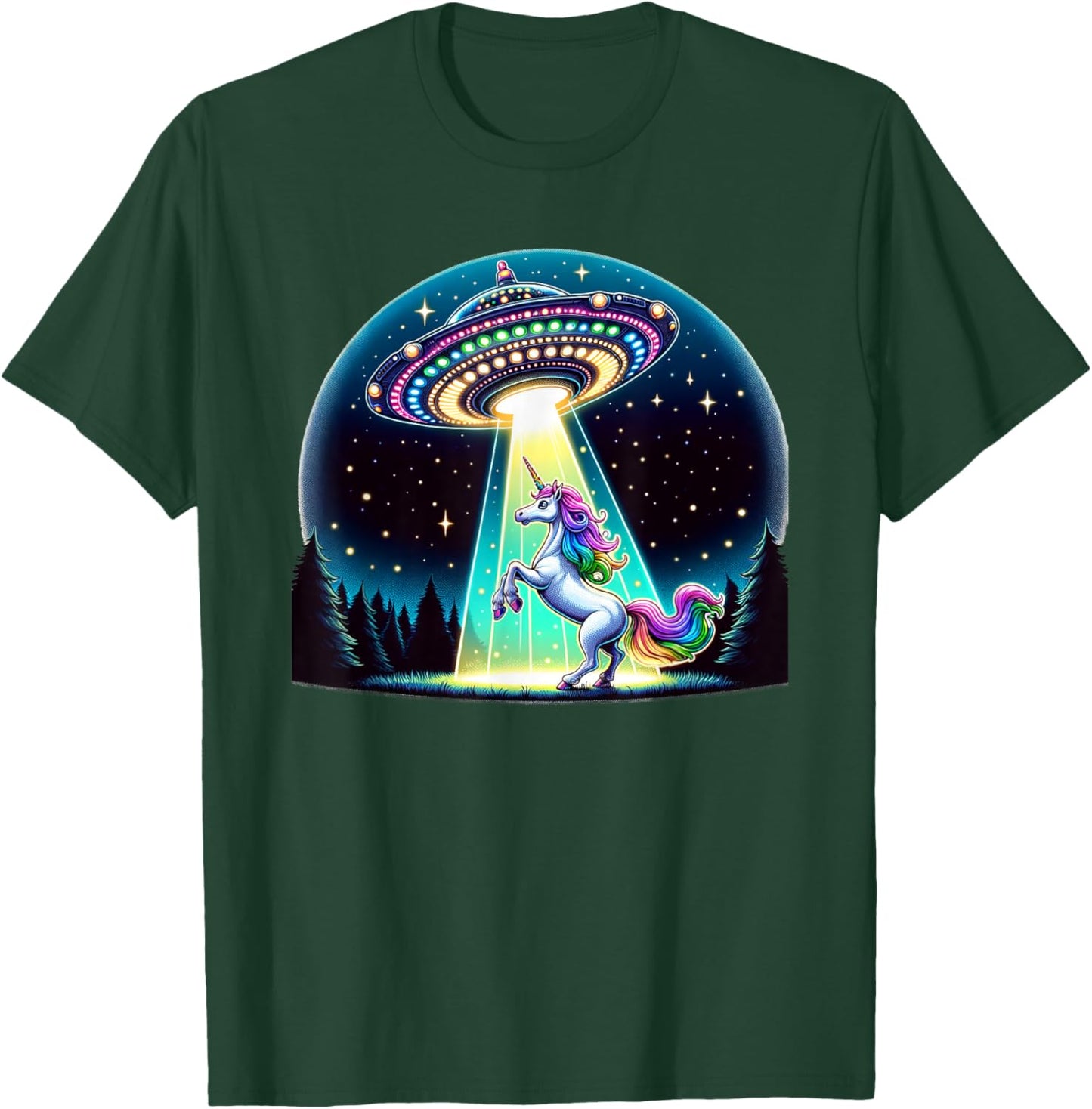 Rainbow Unicorn Abduction Alien Invasion Funny UFO Spaceship T-Shirt - T-Shirt | Forest