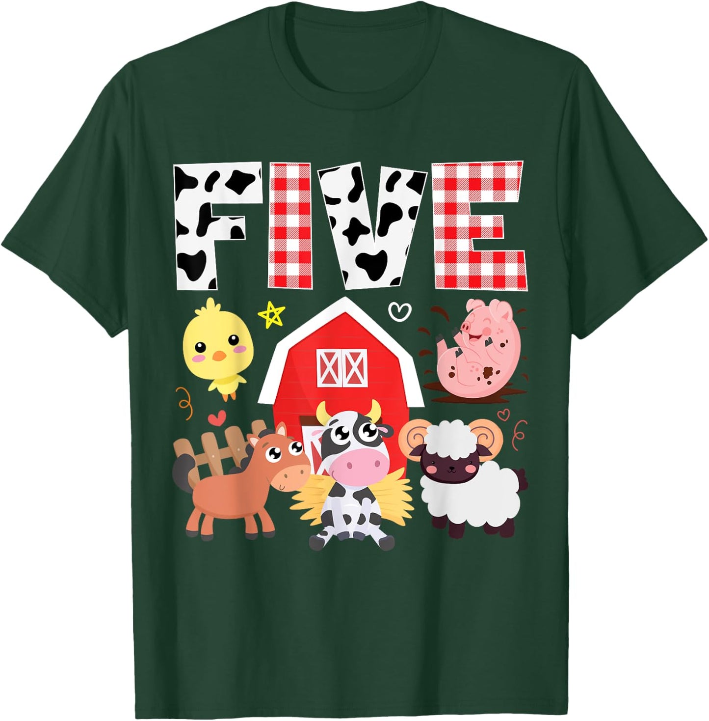 5th Birthday Five Year Old Farm Theme Animals Birthday Party T-Shirt - T-Shirt | Forest