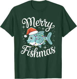 Merry Fishmas Cute Fish Christmas Decor with Santa Hat and T-Shirt - T-Shirt | Forest