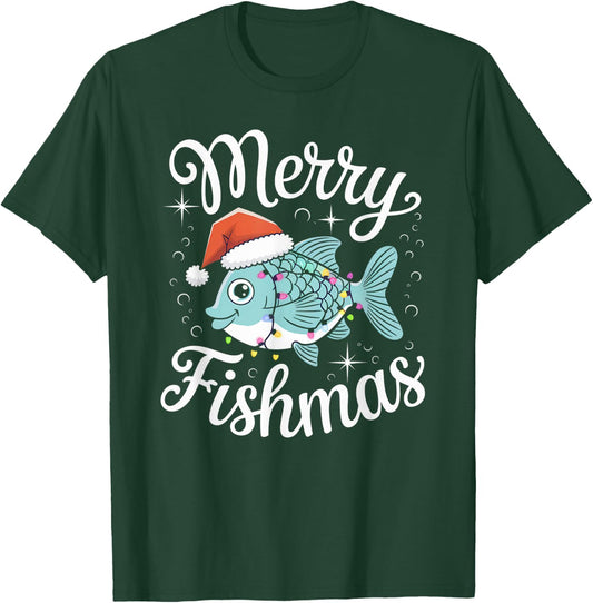 Merry Fishmas Cute Fish Christmas Decor with Santa Hat and T-Shirt - T-Shirt | Forest