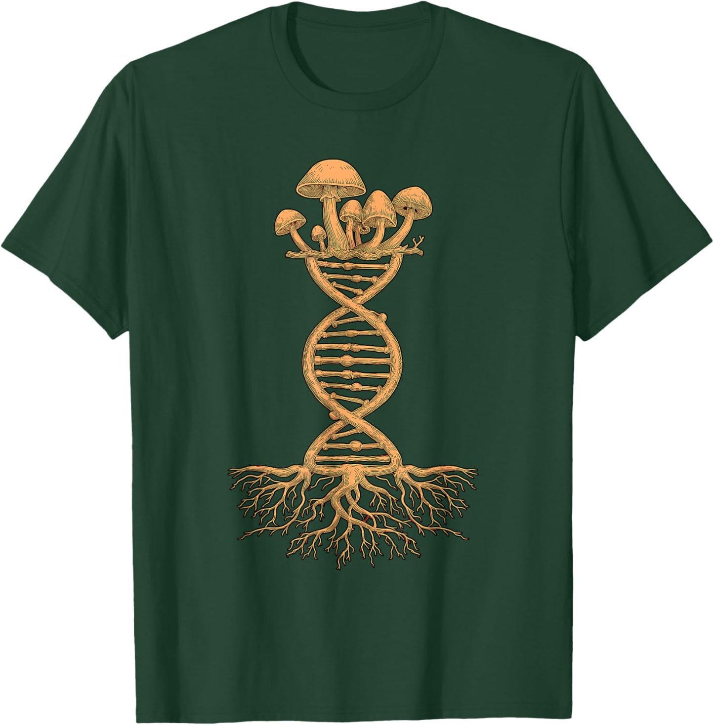 Mushroom DNA Helix Design with Roots and Fungi Artwork T-Shirt - T-Shirt | Forest