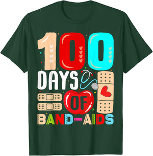 100 Days of Band-AIDS School Nurse Appreciation 100th Day T-Shirt - T-Shirt | Forest