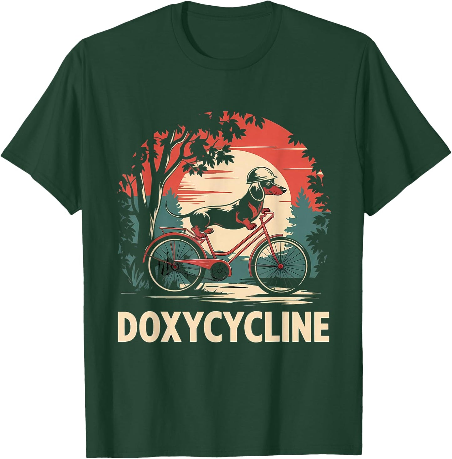 Dachshund on Bicycle Doxycycline Pharmacy Pun Dog Pharmacist T-Shirt - T-Shirt | Forest