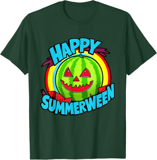 Happy Summerween Summer Watermelon Jack-o-lantern Halloween Men Women T-Shirt - T-Shirt | Forest