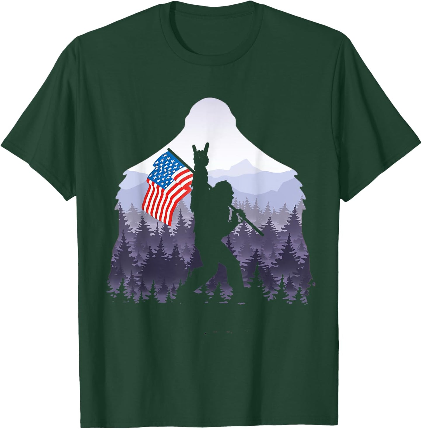 USA flag Bigfoot Victorty sign Peace in the forest camping Women Men T-Shirt - T-Shirt | Forest