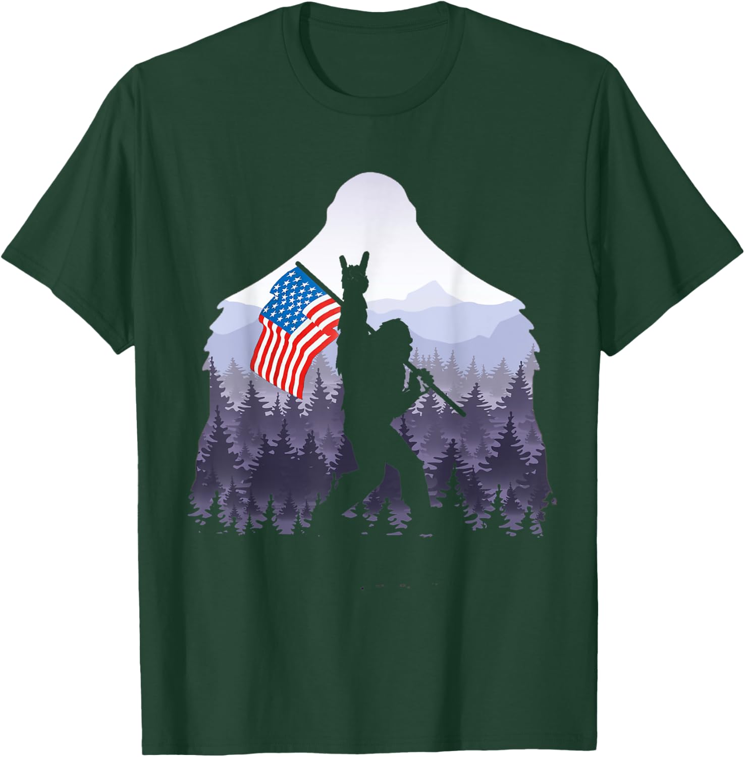 USA flag Bigfoot Victorty sign Peace in the forest camping Women Men T-Shirt - T-Shirt | Forest