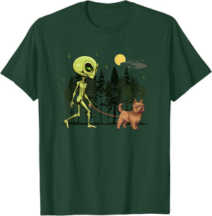 Funny Silky Terrier Alien Walking UFO Pet Dog Mom Dad Women Kids T-Shirt - T-Shirt | Forest