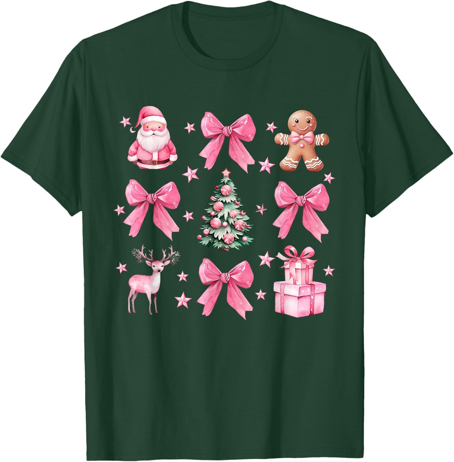 Cute Coquette Bow Pink Christmas Tree Santa Gingerbread Xmas T-Shirt - T-Shirt | Forest