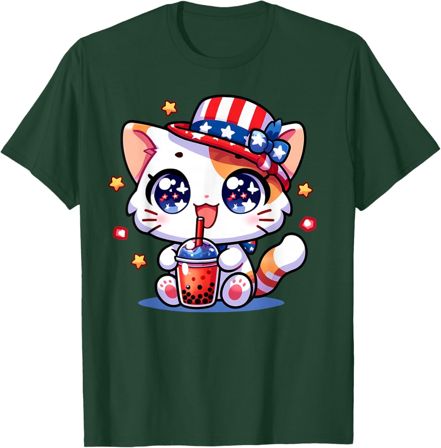 Cute 4th of July Cat Shirt Girls Kids Kawaii Anime Boba Tea T-Shirt - T-Shirt | Forest