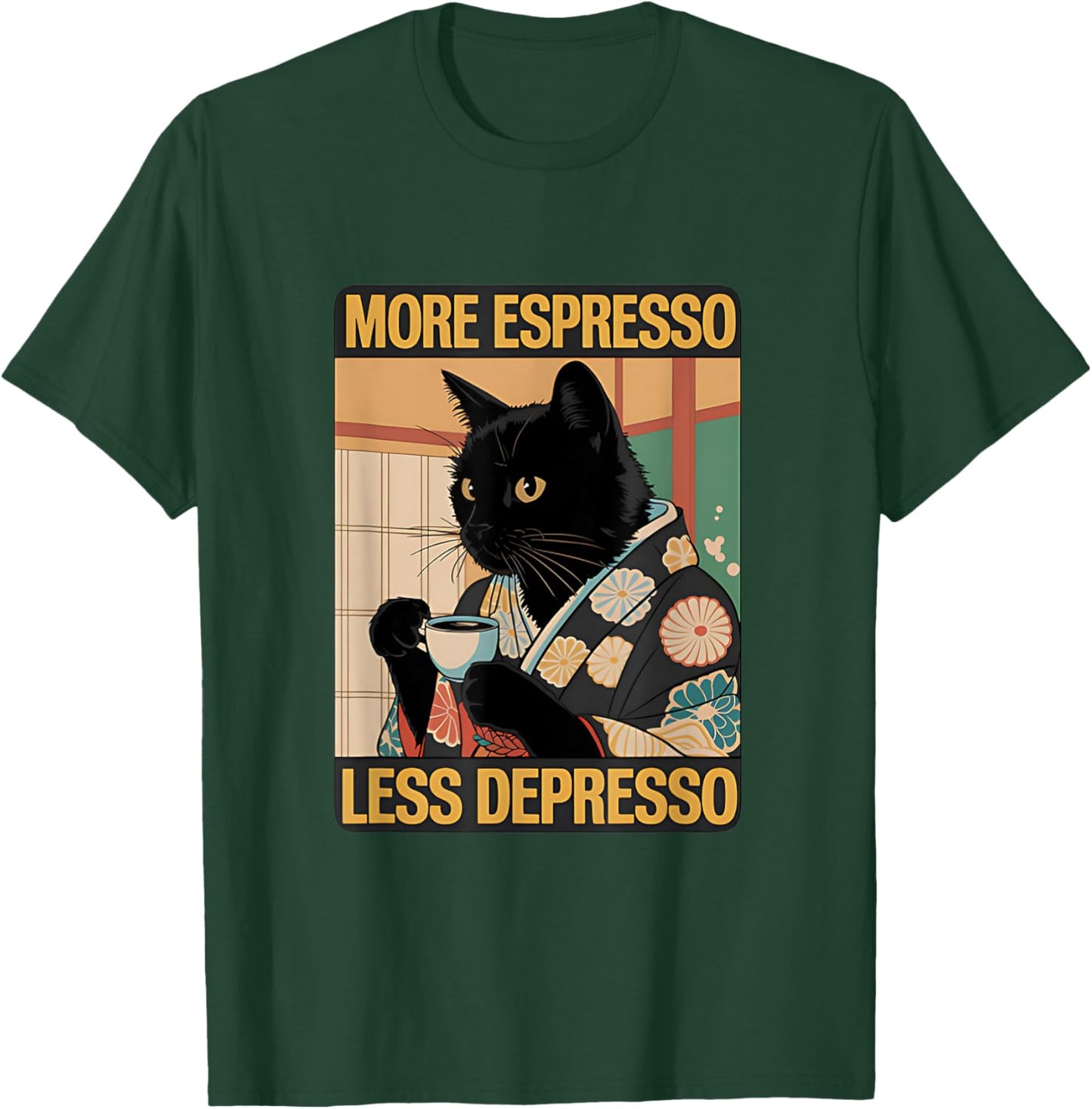 More Espresso Less Depresso Japanese Funny Cat T-Shirt - T-Shirt | Forest
