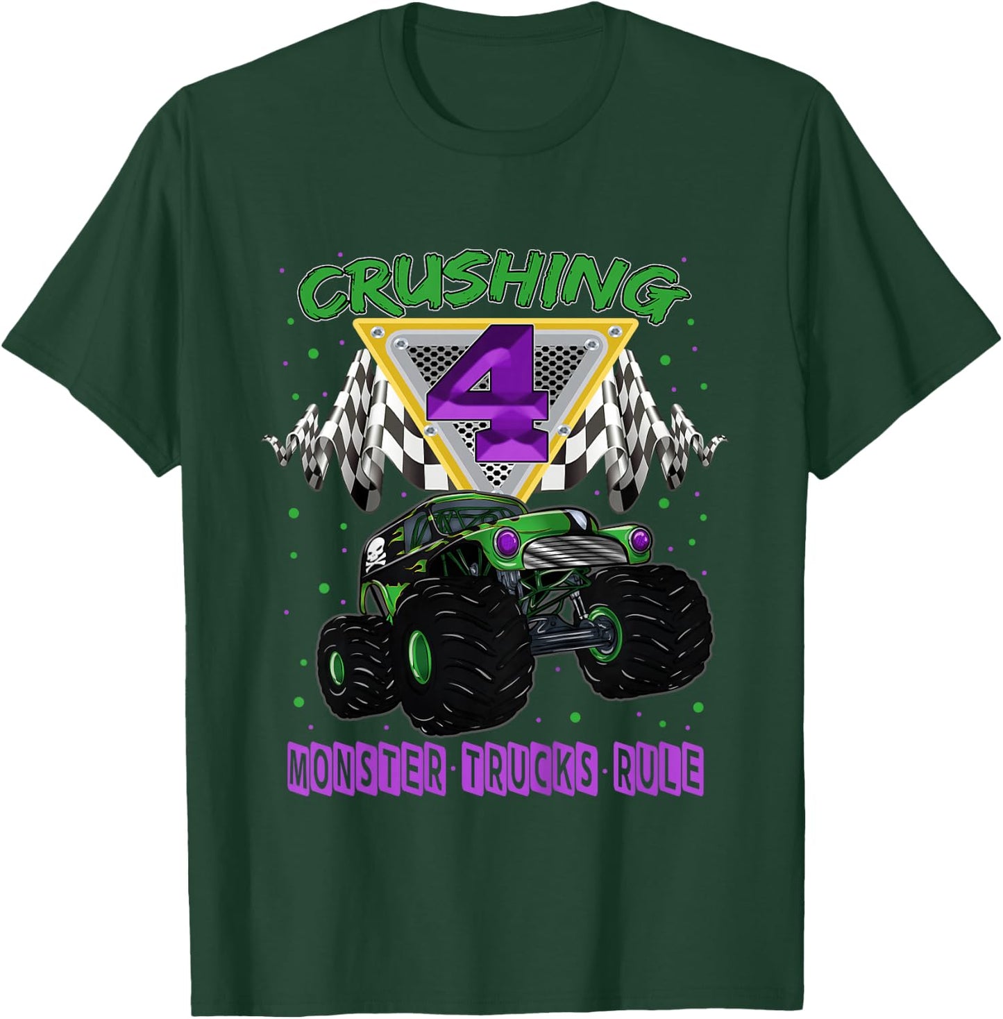 Monster Truck Crushing 4 Years Old Four 4th Birthday T-Shirt - T-Shirt | Forest