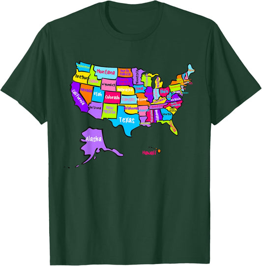 United States of America Colorful Map with State Names T-Shirt - T-Shirt | Forest