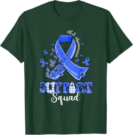 Support Squad Blue Ribbon Butterfly ALS Awareness T-Shirt - T-Shirt | Forest