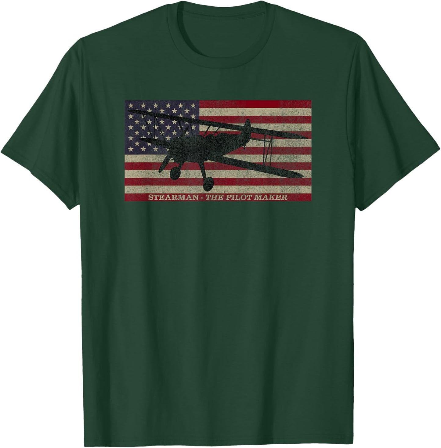 PT-13 Stearman American Biplane Pilot Trainer Vintage Flag T-Shirt - T-Shirt | Forest