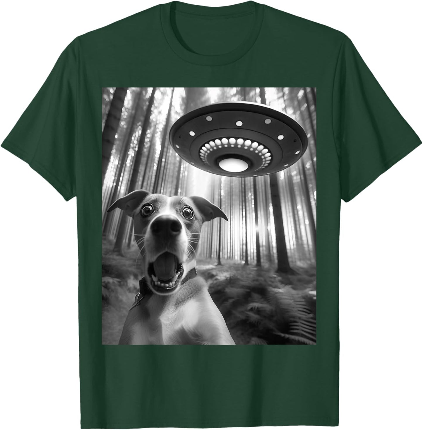 Dog Selfie With Alien UFO Meme Funny Dog Lover Spaceship T-Shirt - T-Shirt | Forest