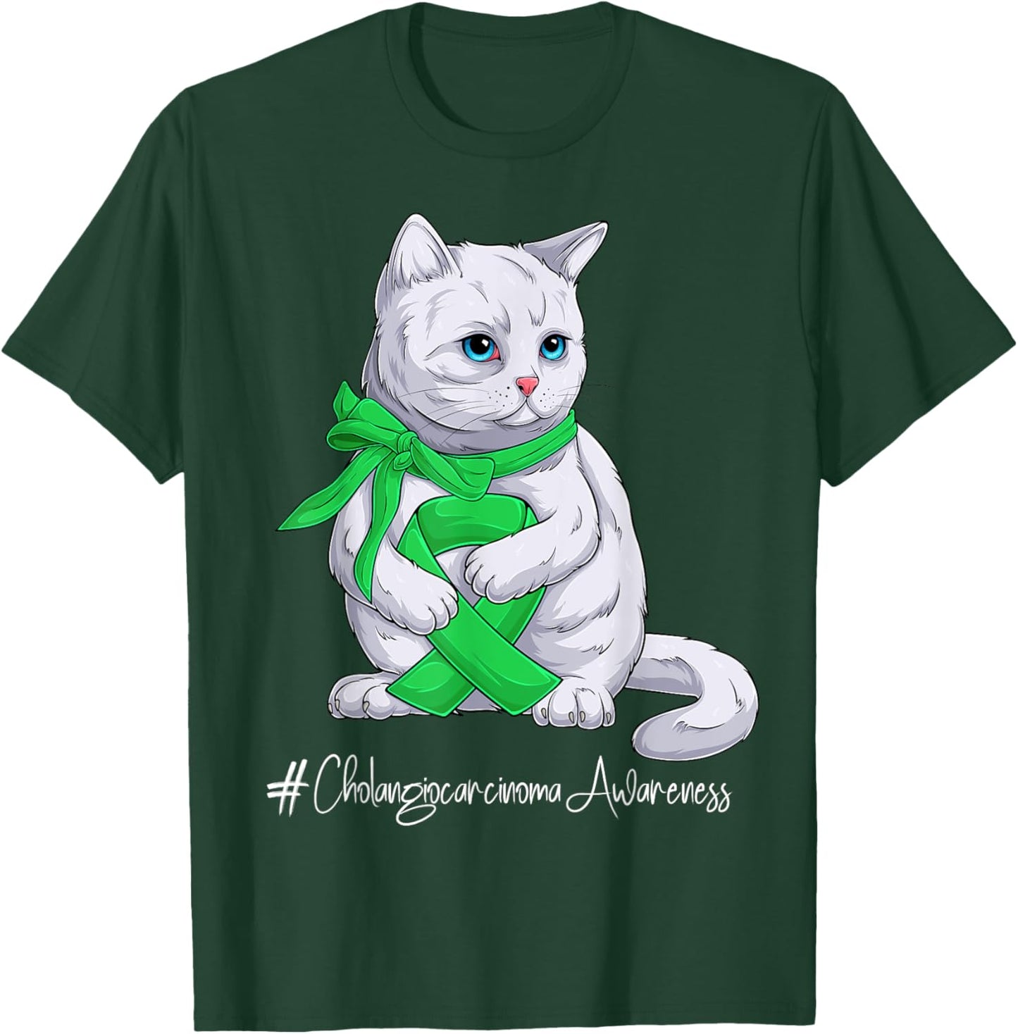 Cholangiocarcinoma Awareness Month Green Ribbon Cat T-Shirt - T-Shirt | Forest