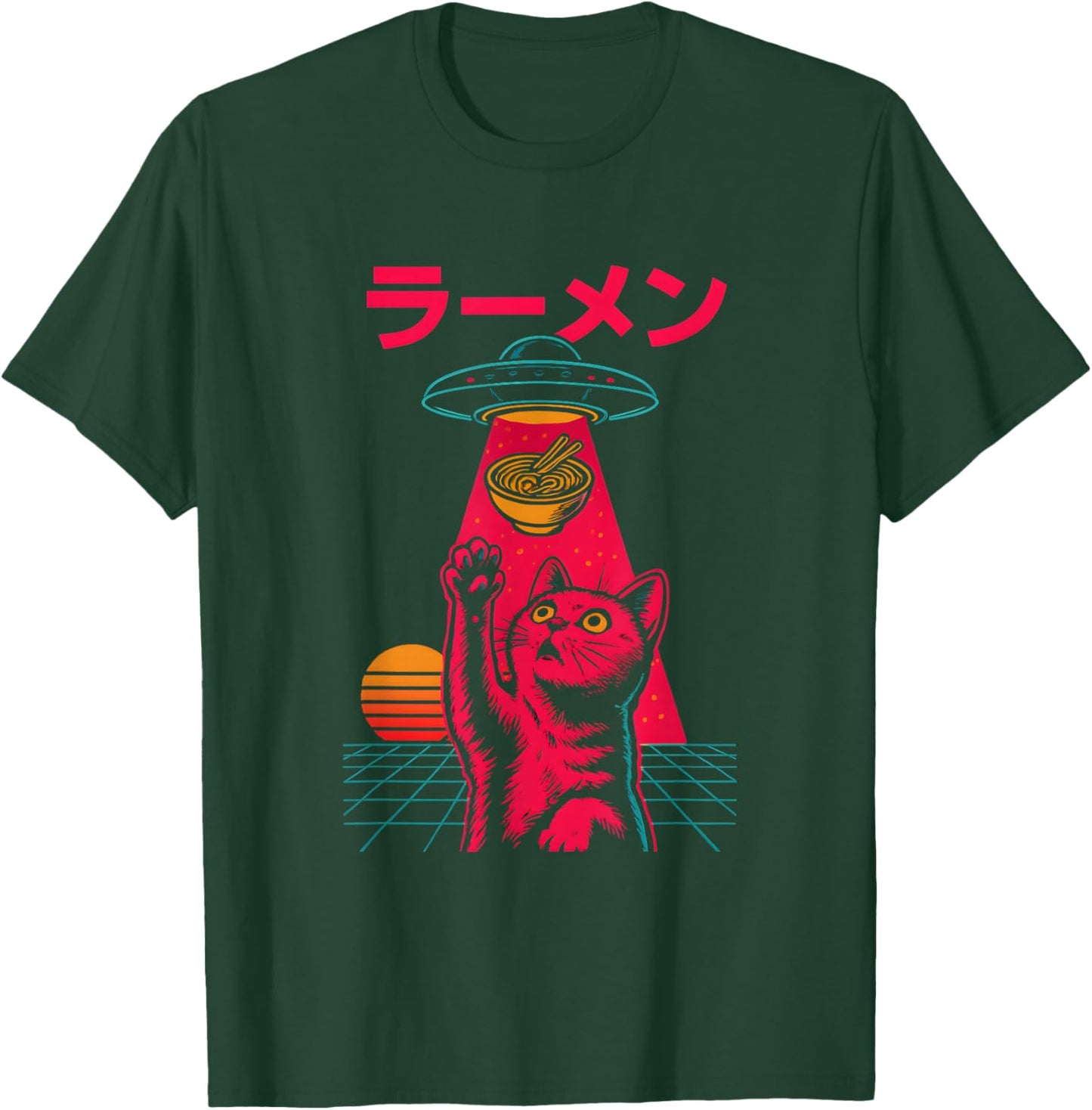 Cat Ramen Alien Abduction Vintage Japanese Retro UFO Graphic T-Shirt - T-Shirt | Forest