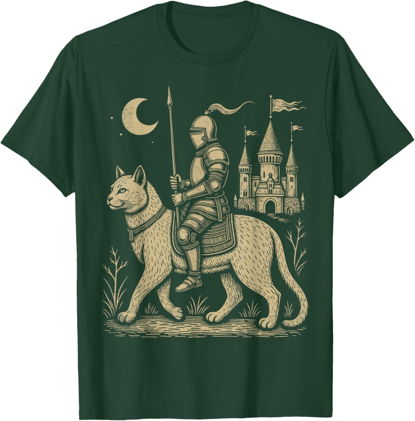 Weird Medieval Cat Middle Ages Armored Knight Riding Cat T-Shirt - T-Shirt | Forest